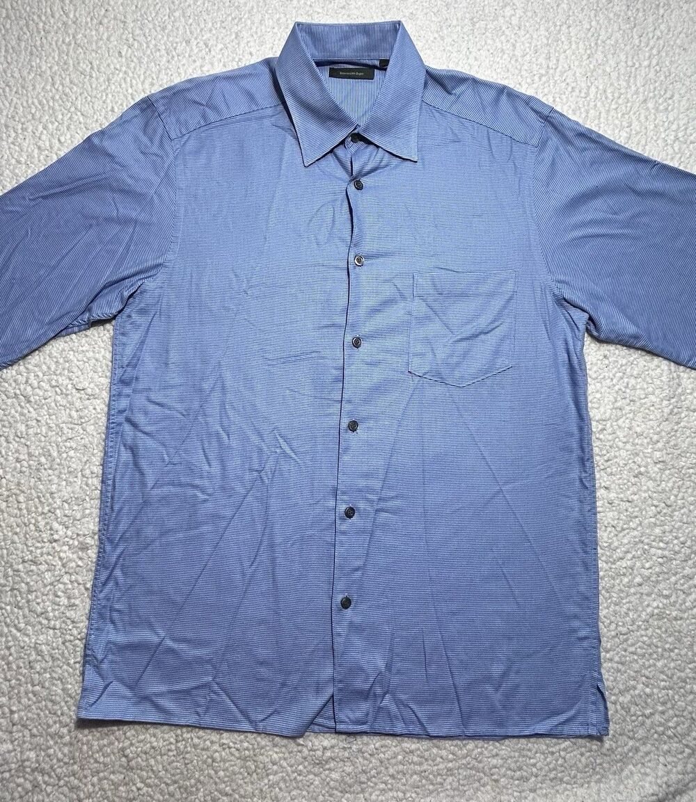 Ermenegildo Zegna Shirt Mens L Blue Waffle Micro Check Cotton Luxury